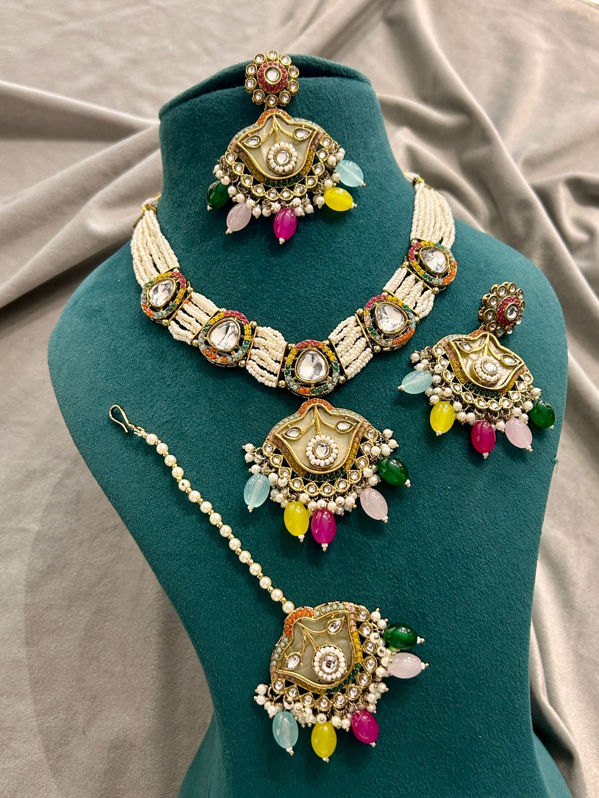 Traditional Kundan & Pearl Multicolor Necklace Set with Earrings & Maang Tikka